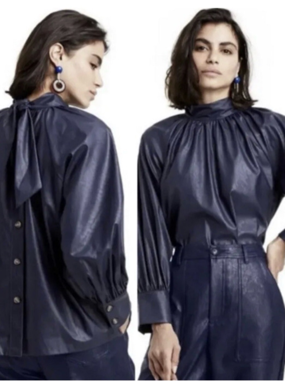 Rachel Comey Navy Blue Satin High-Neck Blouse Size M